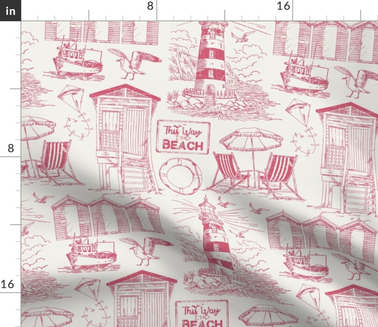Seaside Lighthouse Beach Hut Deckchair Ocean Nautical Toile De Jouy Life Coastal Monochrome Sailing Custom Printed Fabric by Spoonflower Various Fabrics by the Yard or Fat Quarter